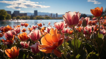 Champs de fleur, de tulipe, au bord d'un lac. Paysage de printanier. Fleurs colorées, ciel bleu. Printemps et été. Pour conception et création graphique