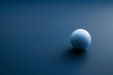 Stylish golf ball isolated on empty dark blue background, close up shot with blank space for text.