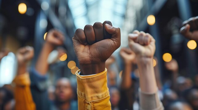 Stand together with fists raised high in a powerful gesture of solidarity and determination, symbolizing their collective struggle for equality and justice.