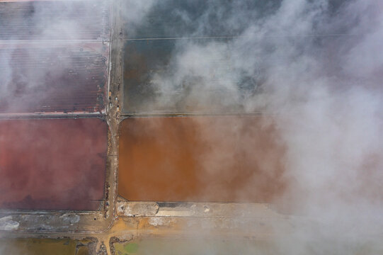 Aerial view of Koyashskoye Salt Lake with low clouds in Crimea Region, Autonomous Republic of Crimea, Ukraine.