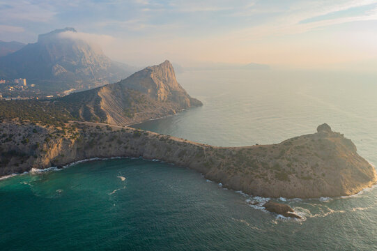 Aerial view of mountains along the Black Sea coastline at sunset, Crimea Region, Autonomous Republic of Crimea, Ukraine.