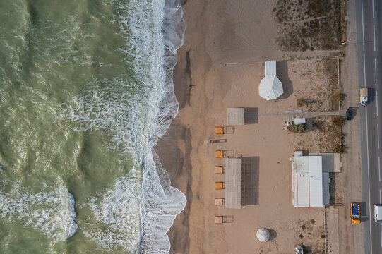 Aerial view of Bathhouse along the shoreline on the beach facing the Black Sea, Crimea Region, Autonomous Republic of Crimea, Ukraine.