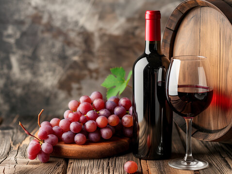 Bottle and glass of red wine and red grapes on a wooden background mockup