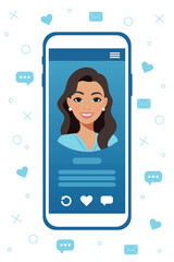 Social media profile. Smartphone with a woman avatar, text and various icons around. Dating applications concept. Mobile page blue design layout. Vector illustration in flat style
