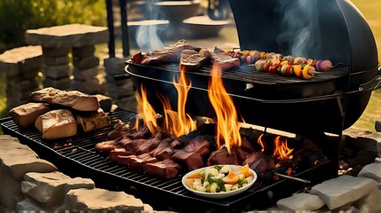 the sizzle and smoke as the meat hits the grill, with flames dancing around the barbecue