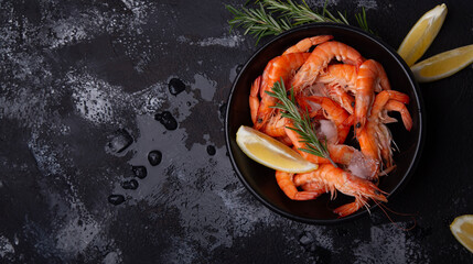 Bowl of fresh prawns on ice, garnished with lemon and rosemary on a dark, wet surface. Concept of seafood cuisine themes or culinary presentations
