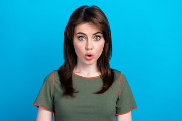 Portrait of shocked speechless person pouted lips staring cant believe isolated on blue color background - obrazy, fototapety, plakaty
