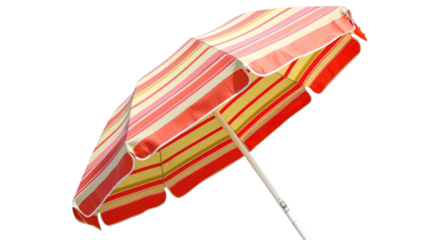 Striped beach umbrella in warm tones with adjustable white pole