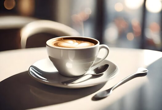 A Cup Of Coffee On A Saucer With A Spoon, A Tilt Shift Photo, Anamorphic Bokeh, Italian. AI generated