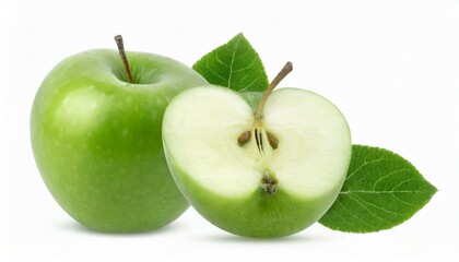 Fresh green apple with green leaf isolated on white background. Clipping path.
