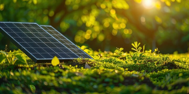 Solar power renewable green energy banner with copyspace, saturated solid background, bright colors, professional photo