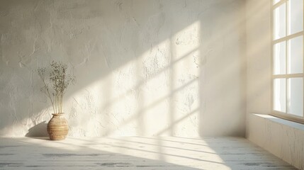 Serene White Wall Bathed in Morning Light, with Subtle Window Shadows
