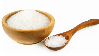 Pure natural sea salt in wooden bowl and wooden spoon isolated on white background.
