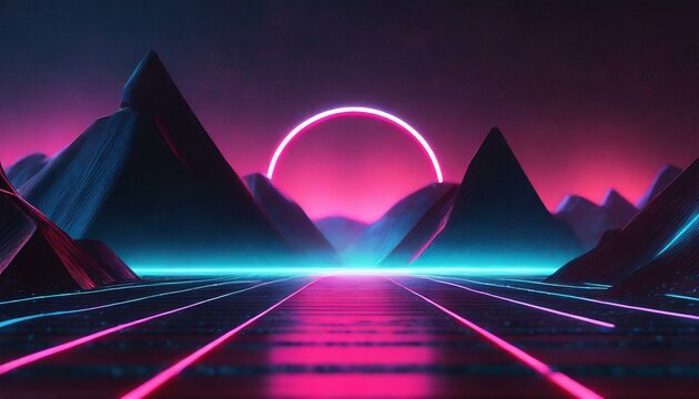 Synthwave retro cyberpunk style landscape background banner or wallpaper.