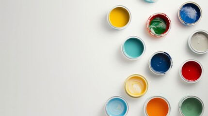 Cans with different decorators paints on white background, top view.