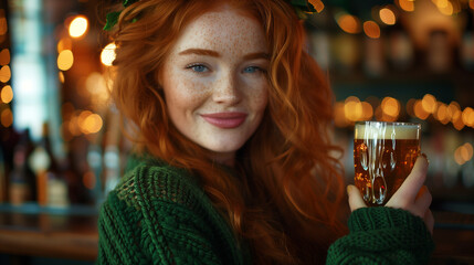 Beautiful red-haired girl with freckles in a green sweater smiling, holding a glass of beer in her hand against the background of a pub stand - obrazy, fototapety, plakaty