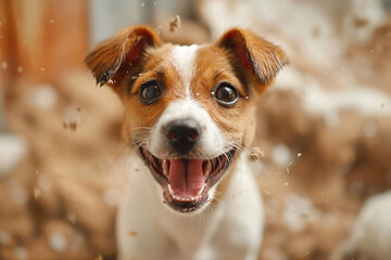 Spirited jack russell terrier digging up mischief with glee. 