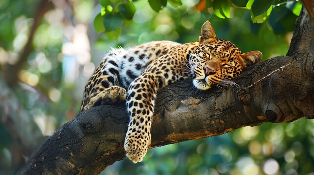 The leopard, with its golden coat blending seamlessly with the dappled shadows, peacefully slumbers on the sturdy branches of a tree, a picture of tranquility amidst the wilderness.