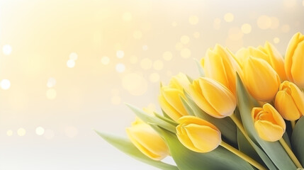 Bouquet de tulipes jaunes, sur un fond de couleur claire et avec des particules scintillantes et brillantes. Nature, printemps. Avec espace vide de composition, pour conception et création graphique.