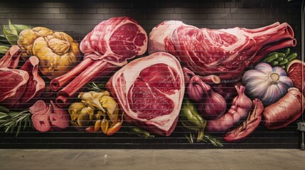 Mural various meats. Wall paint for cafe and restaurant