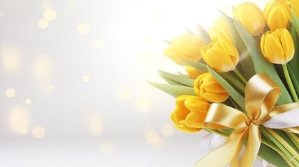 Bouquet de tulipes jaunes, sur un fond de couleur claire et avec des particules scintillantes et brillantes. Nature, printemps. Avec espace vide de composition, pour conception et création graphique.