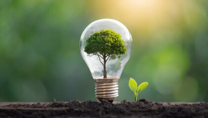 Saving energy and environment. Tree growth in light bulb for saving Ecology energy nature. Eco and technology concept.	
