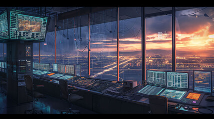 A high-tech airport control tower overlooks a bustling runway at dusk, with advanced monitors and a vivid sunset backdrop.. - obrazy, fototapety, plakaty