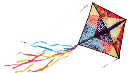 Colorful patchwork kite with long ribbons flying