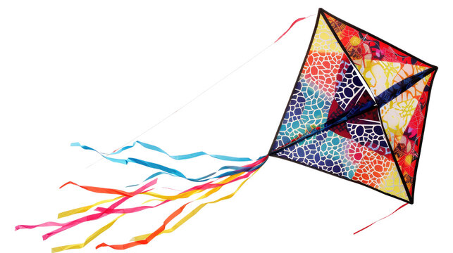 Colorful patchwork kite with long ribbons flying