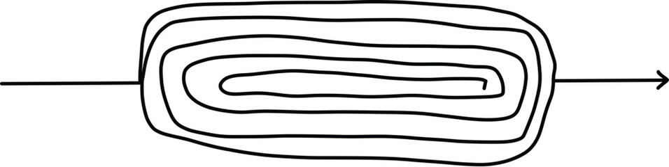 Chaotic line arrow. Doodle chaos simple drawn symbol, confused messy knot tangle scribbled line. Vector isolated. Tangled wires, complicated thoughts, brain confusion, problem solving