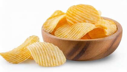Ridged Potato chips in wooden bowl isolated on white background with clipping path