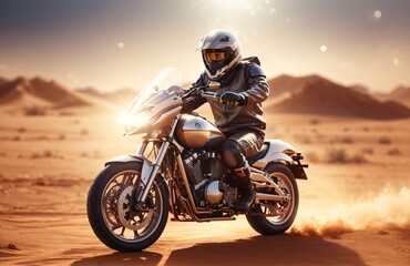 Fototapeta na wymiar Man rides a fast motorcycle in the desert, full safety and helmet