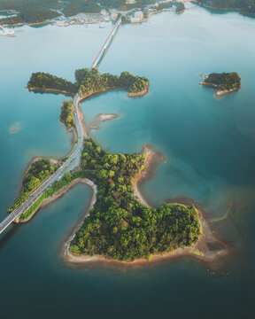 Aerial shot of a bridge in the Amakusa Islands at sunset, Kyushu, Japan.