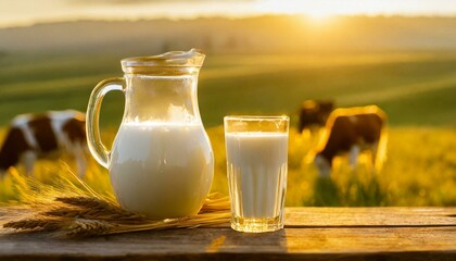 Glass and pitcher of fresh milk on wooden table with grass field and cows background. 