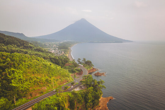 Aerial shot of Sebira Nature Park overlooking Mount Kaimon, Kagoshima Prefecture, Kyushu, Japan.