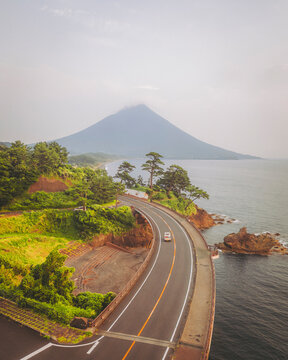 Aerial shot of Sebira Nature Park overlooking Mount Kaimon, Kagoshima Prefecture, Kyushu, Japan.