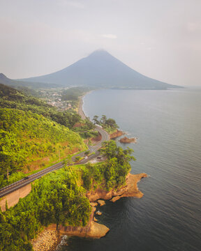 Aerial shot of Sebira Nature Park overlooking Mount Kaimon, Kagoshima Prefecture, Kyushu, Japan.