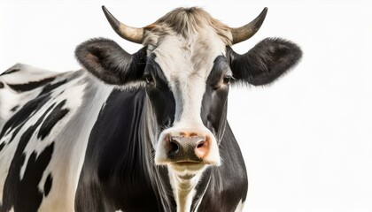 Cow isolated on white, standing upright black and white, full length and front view and copy space 