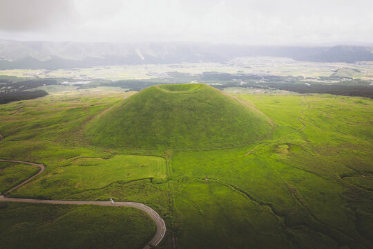 Aerial shot of Mount Komezuka, Kumamoto Prefecture, Kyushu, Japan.