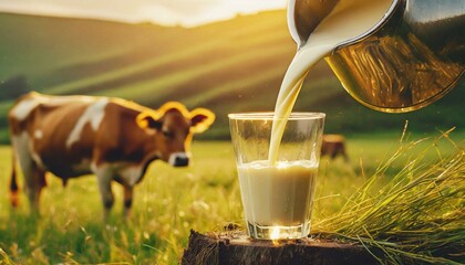 Pouring fresh milk from pitcher into the glass with grass field and cows background.  - obrazy, fototapety, plakaty