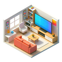isometric Living Room with smart tv sofa Interior 3d Illustration