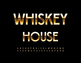 Vector premium logo Whiskey House. Shiny Gold Font, Luxury style Alphabet Letters and Numbers set.