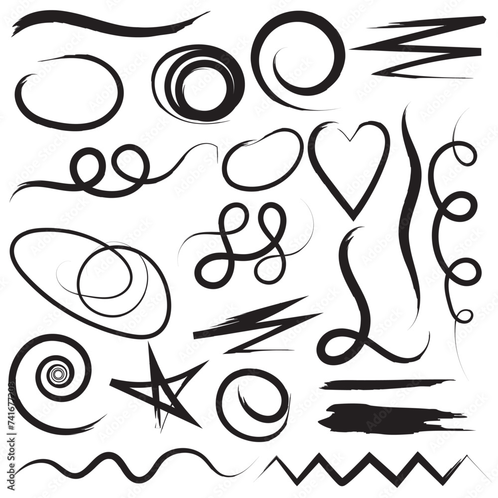 Poster vector black paint brush spots, highlighter lines or felt-tip pen marker horizontal blobs. marker pe