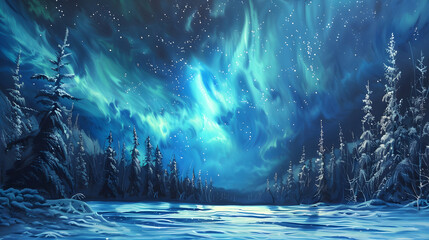 North pole auroras blue and green snow on trees and glow hd wallpaper,
Painting of a green aurora bore over a lake with trees
 - obrazy, fototapety, plakaty