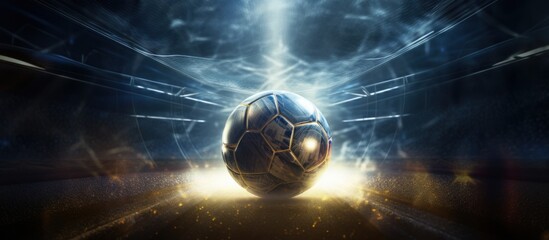 Soccer ball with rays of light highlighting the pattern - obrazy, fototapety, plakaty