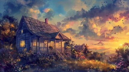 An idyllic cottage nestled amidst rolling hills, its veranda kissed by the soft light of the sunset, casting a warm glow over the wooden railing and potted plants - obrazy, fototapety, plakaty