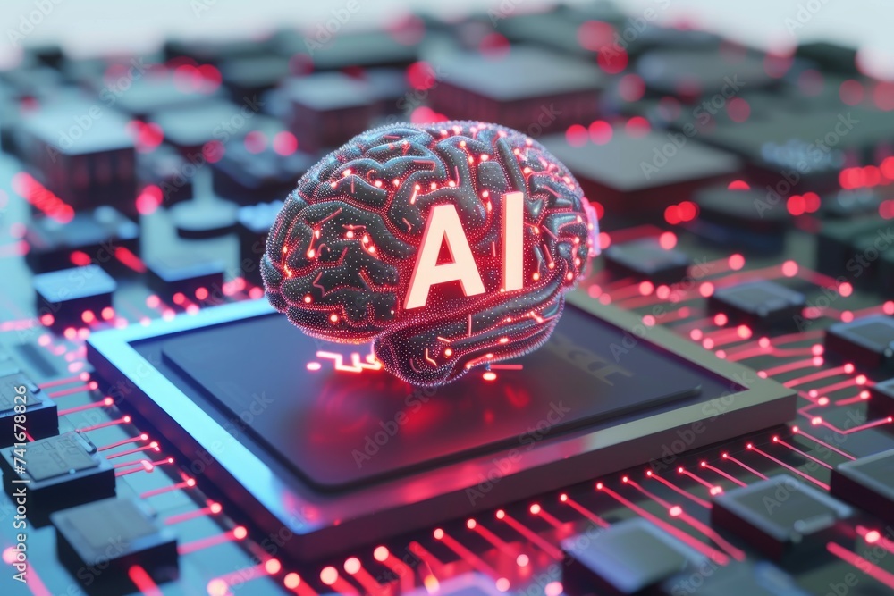 Poster ai brain chip iii v semiconductor. artificial intelligence neon grape glow mind pcb fabrication axon