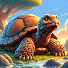 old tortoise basking in the sun.
