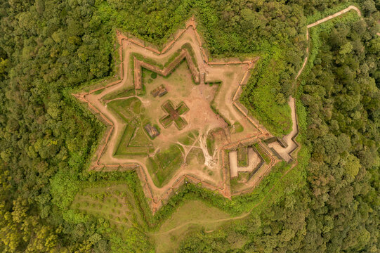 Aerial view of Manjarabad fort, an historical star shaped fort on the hill, Belthangady, Karnataka, India.