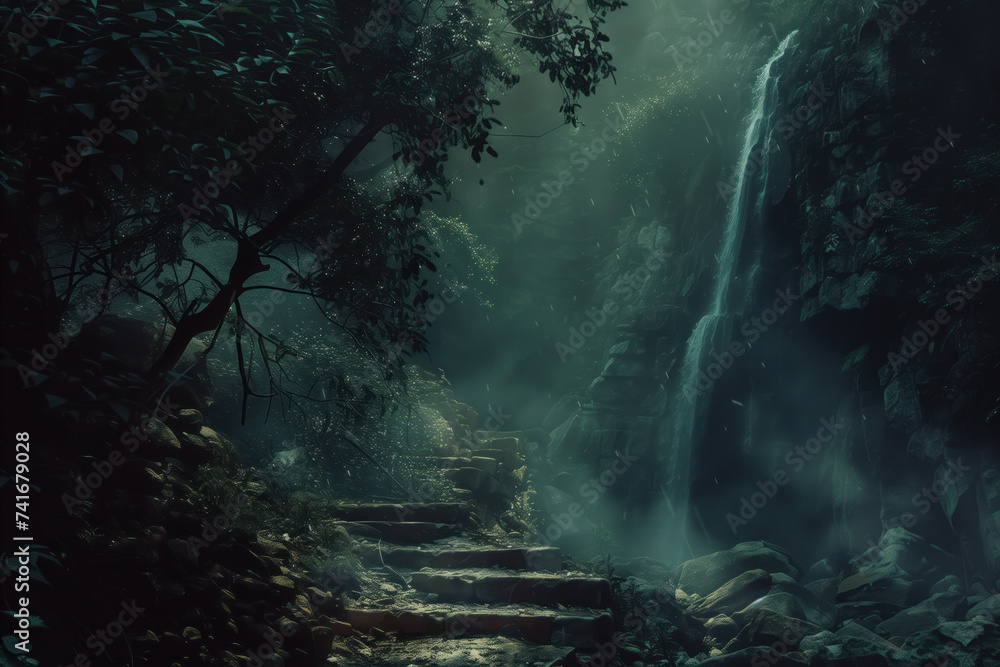 Poster waterfall in the forest. a scenery for an adventurous quest. background image. created with generati